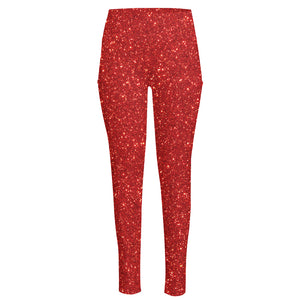 Red (NOT Real) Glitter Print High-Waisted Pocket Leggings