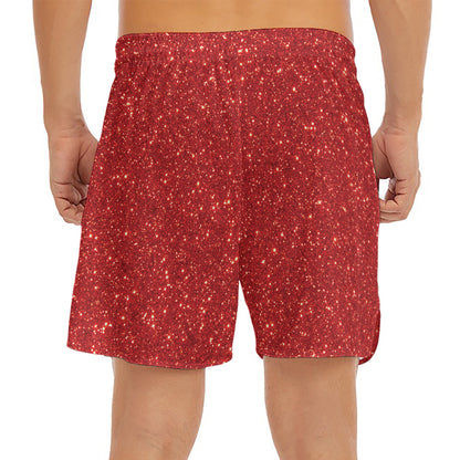 Red (NOT Real) Glitter Print Men's Split Running Shorts