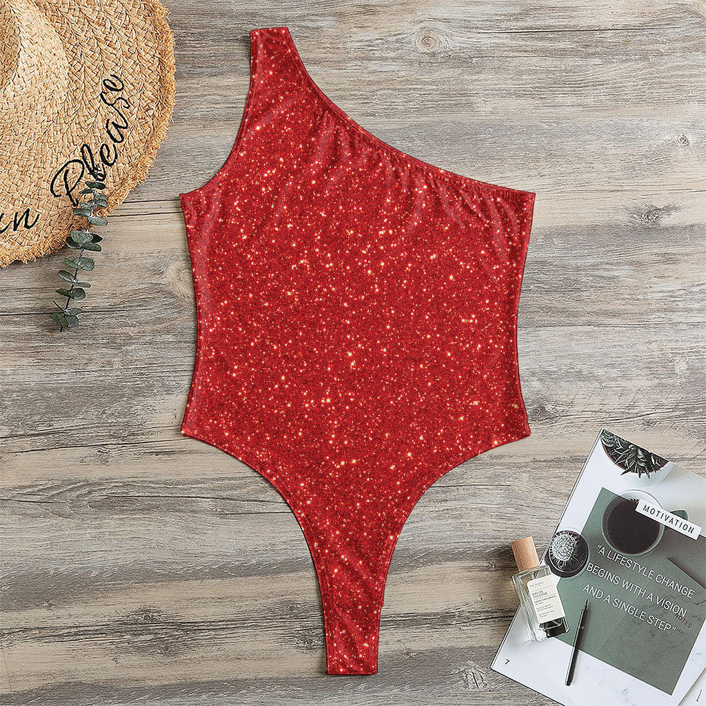 Red (NOT Real) Glitter Print One Shoulder Bodysuit