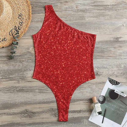 Red (NOT Real) Glitter Print One Shoulder Bodysuit