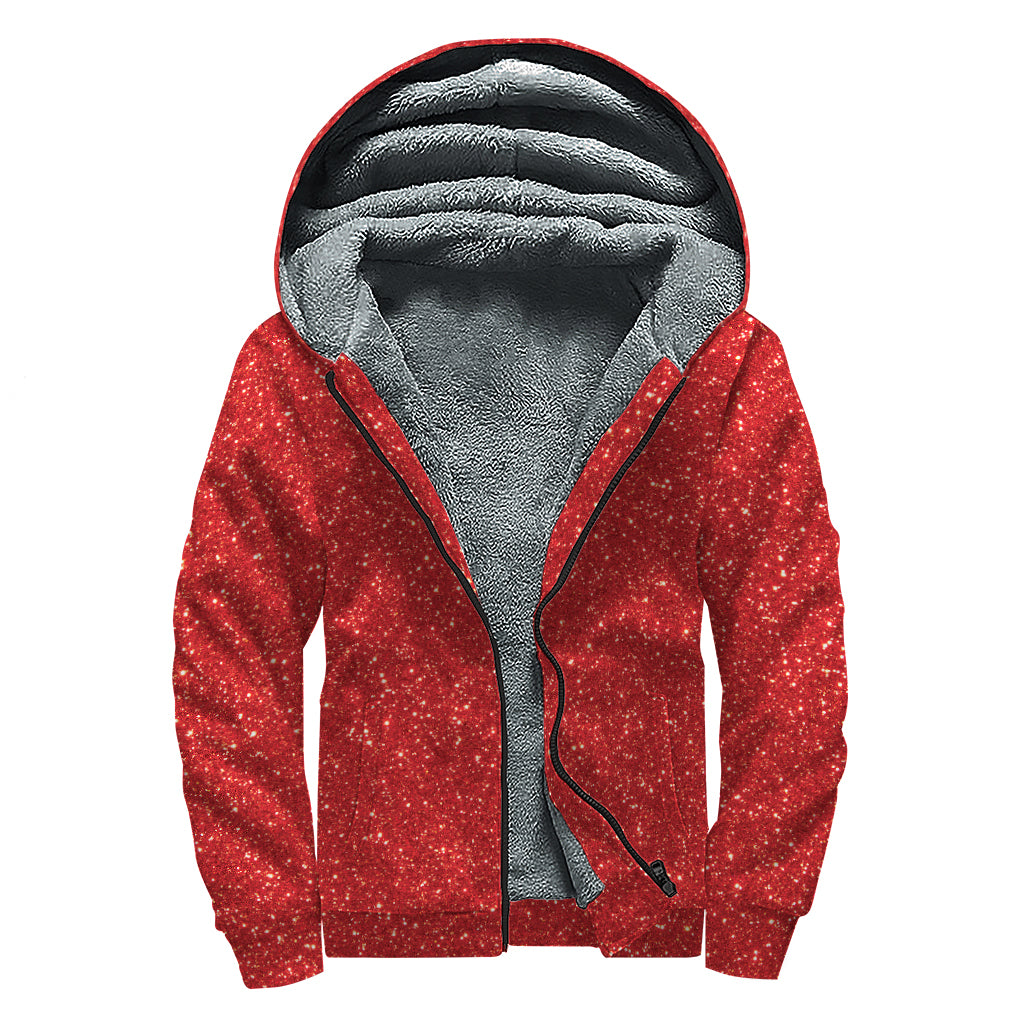 Red (NOT Real) Glitter Print Sherpa Lined Zip Up Hoodie