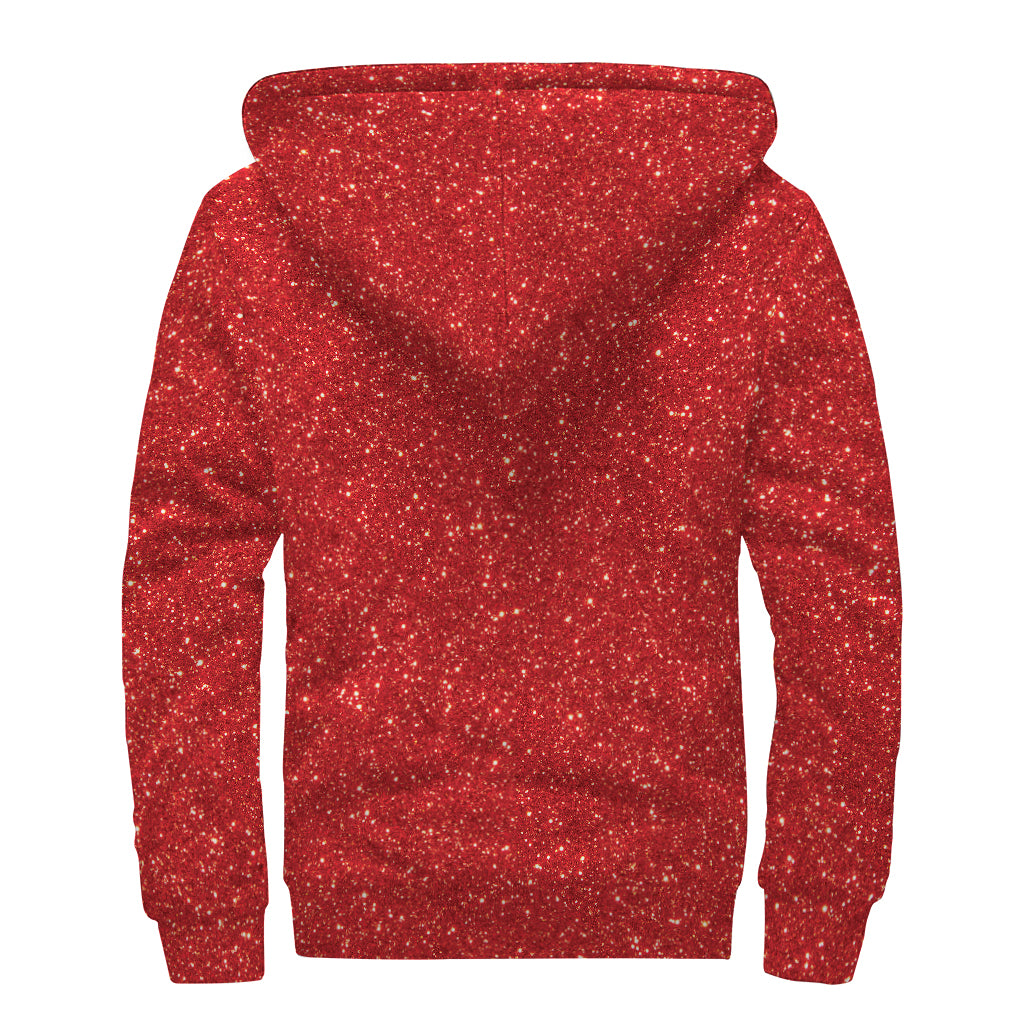 Red (NOT Real) Glitter Print Sherpa Lined Zip Up Hoodie