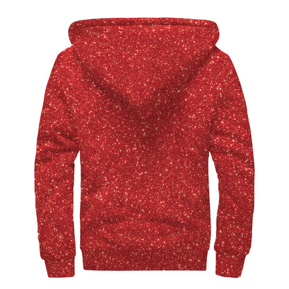 Red (NOT Real) Glitter Print Sherpa Lined Zip Up Hoodie