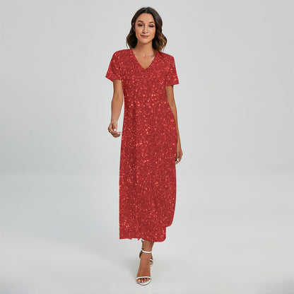 Red (NOT Real) Glitter Print Short Sleeve Maxi Dress