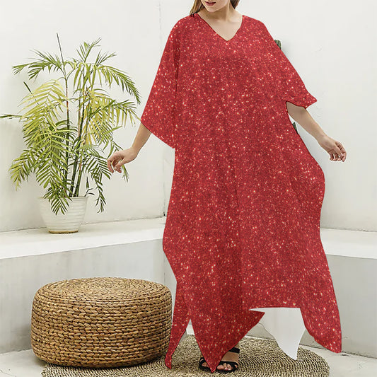 Red (NOT Real) Glitter Print Silk V-Neck Kaftan Dress