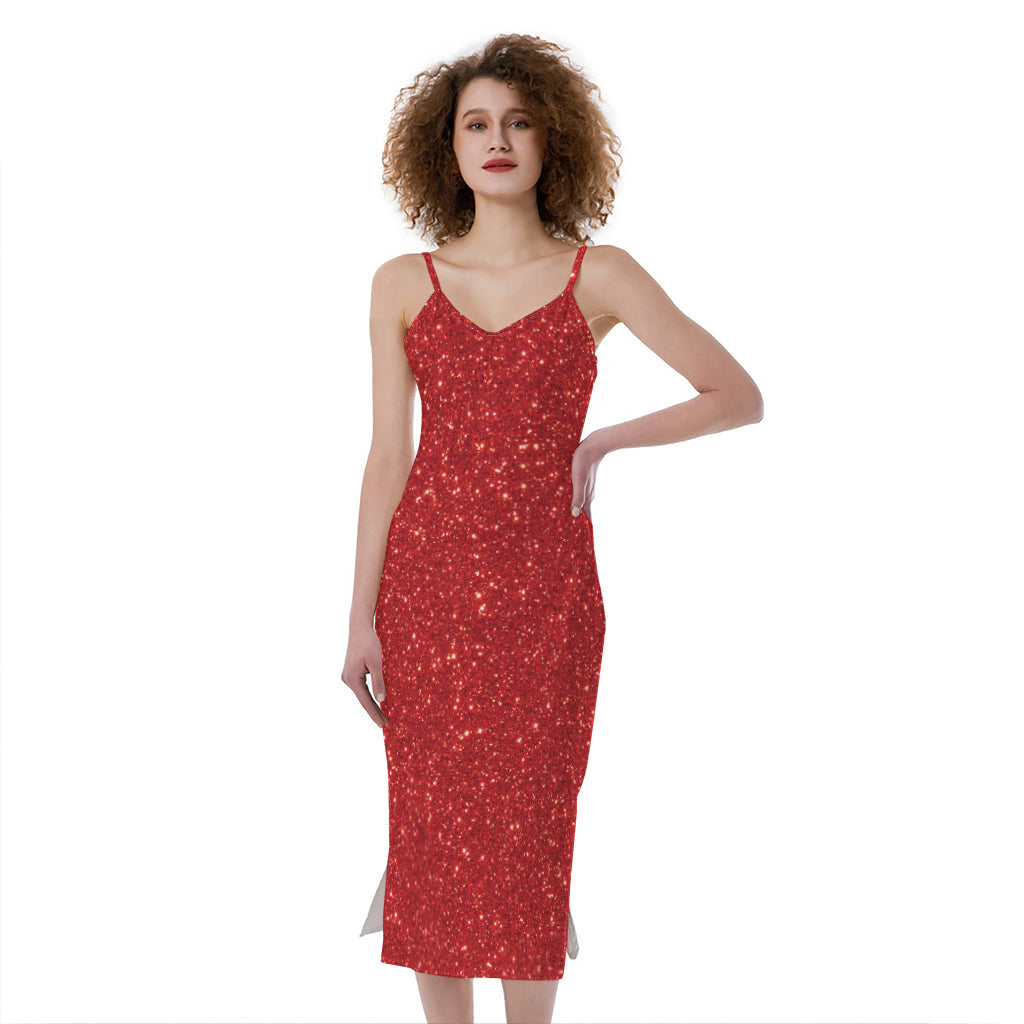 Red (NOT Real) Glitter Print Slim Fit Midi Cami Dress