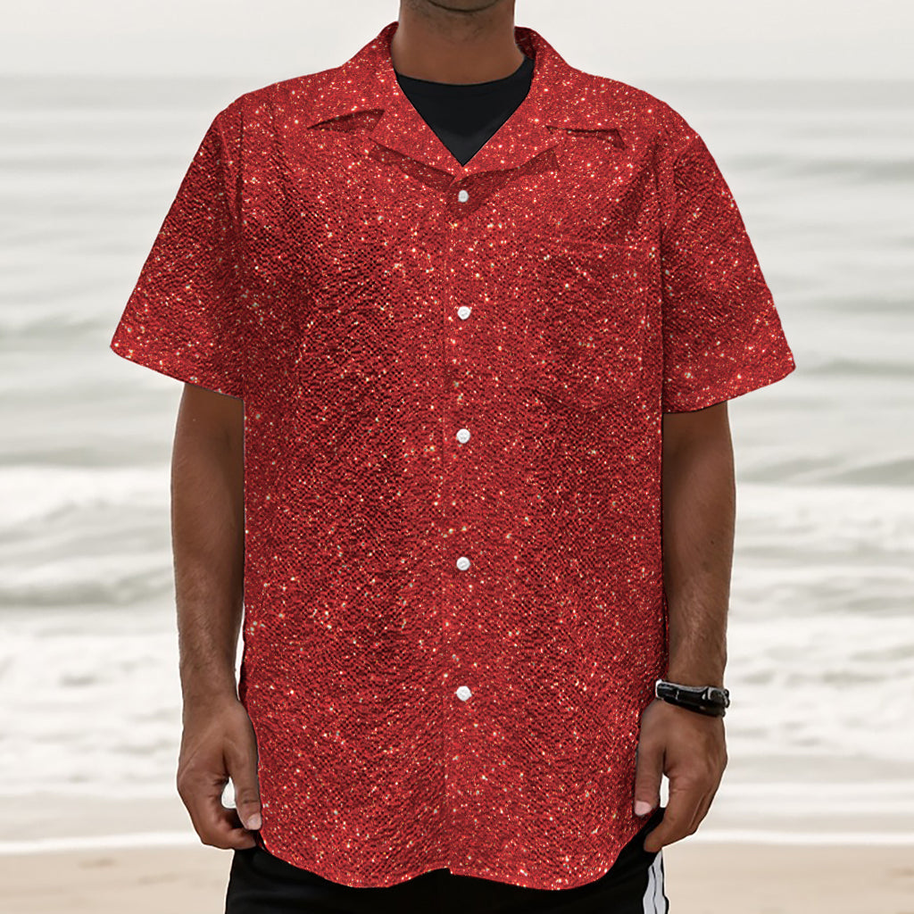 Red (NOT Real) Glitter Print Textured Short Sleeve Shirt