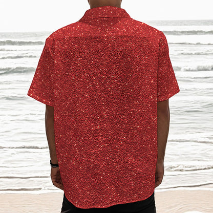 Red (NOT Real) Glitter Print Textured Short Sleeve Shirt