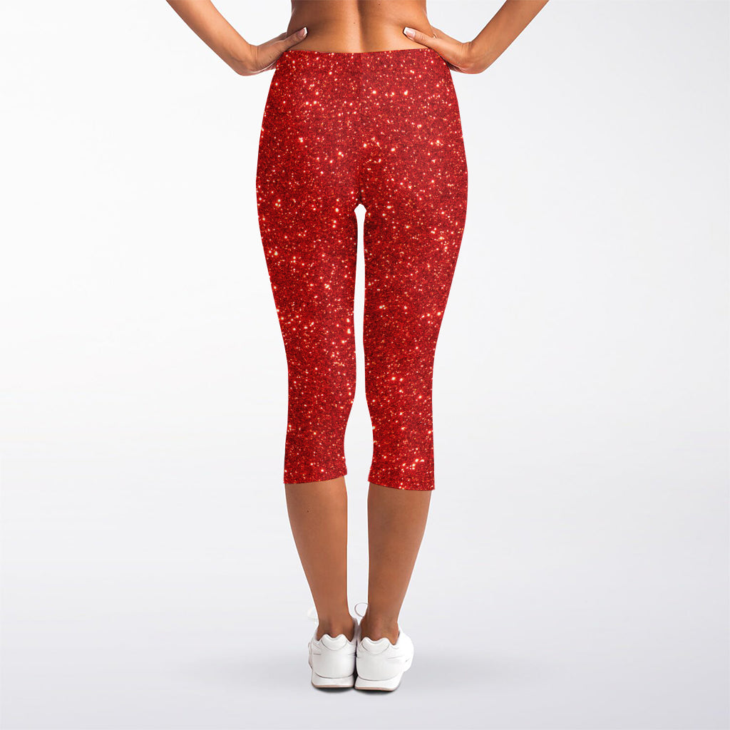Red (NOT Real) Glitter Print Women's Capri Leggings
