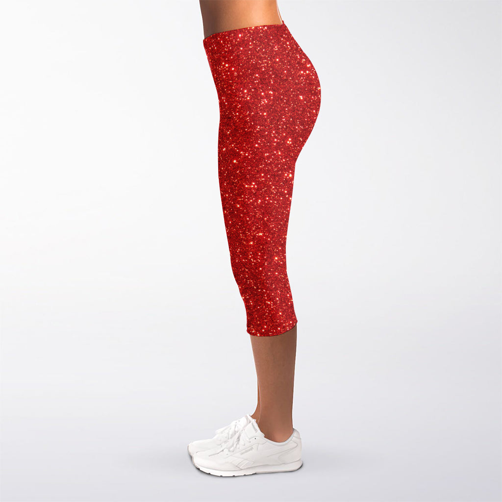 Red (NOT Real) Glitter Print Women's Capri Leggings