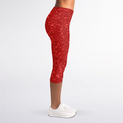 Red (NOT Real) Glitter Print Women's Capri Leggings