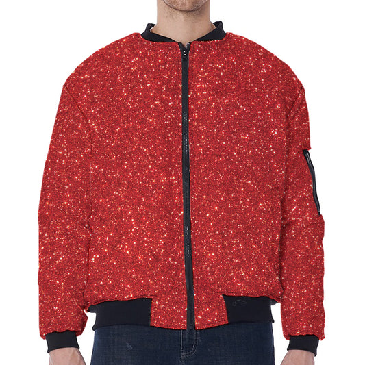Red (NOT Real) Glitter Print Zip Sleeve Bomber Jacket