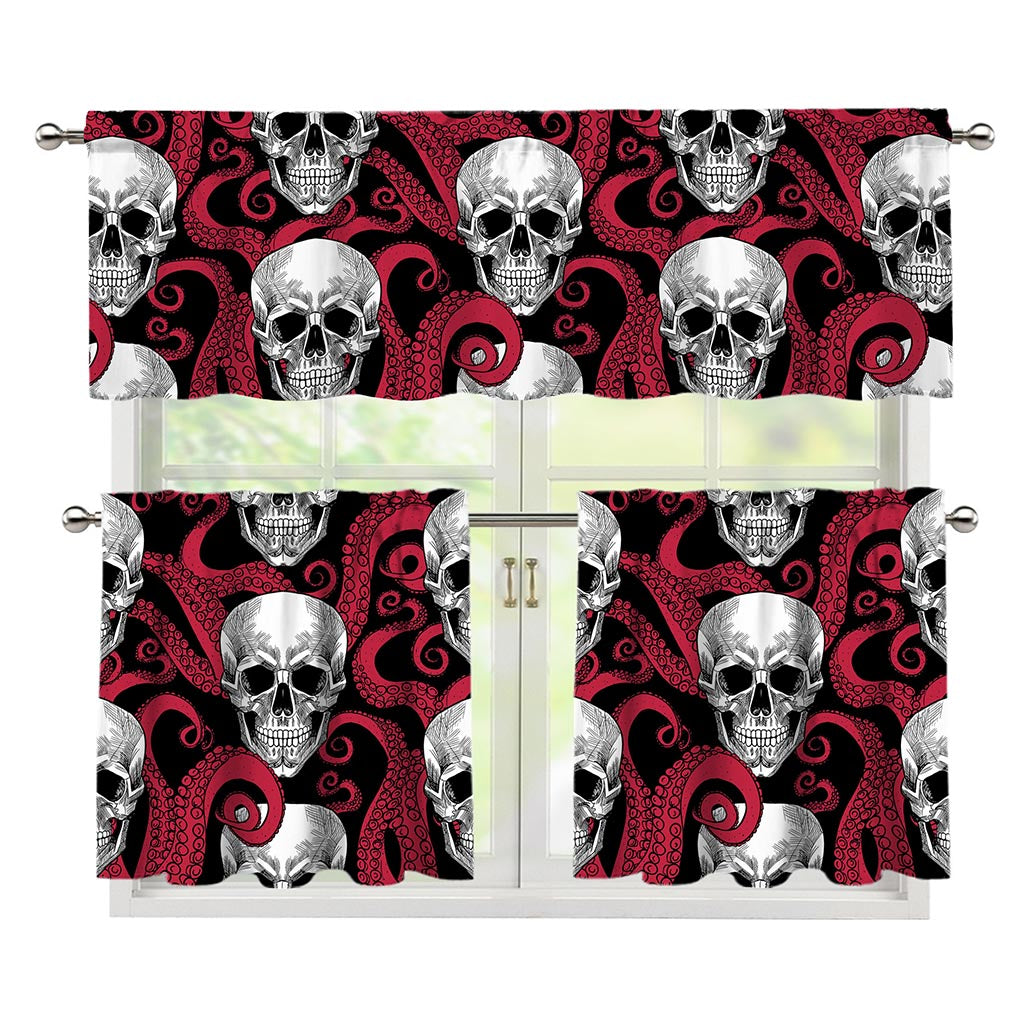 Red Octopus Skull Pattern Print 3 Piece Kitchen Curtains