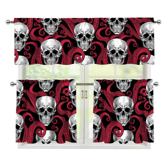 Red Octopus Skull Pattern Print 3 Piece Kitchen Curtains