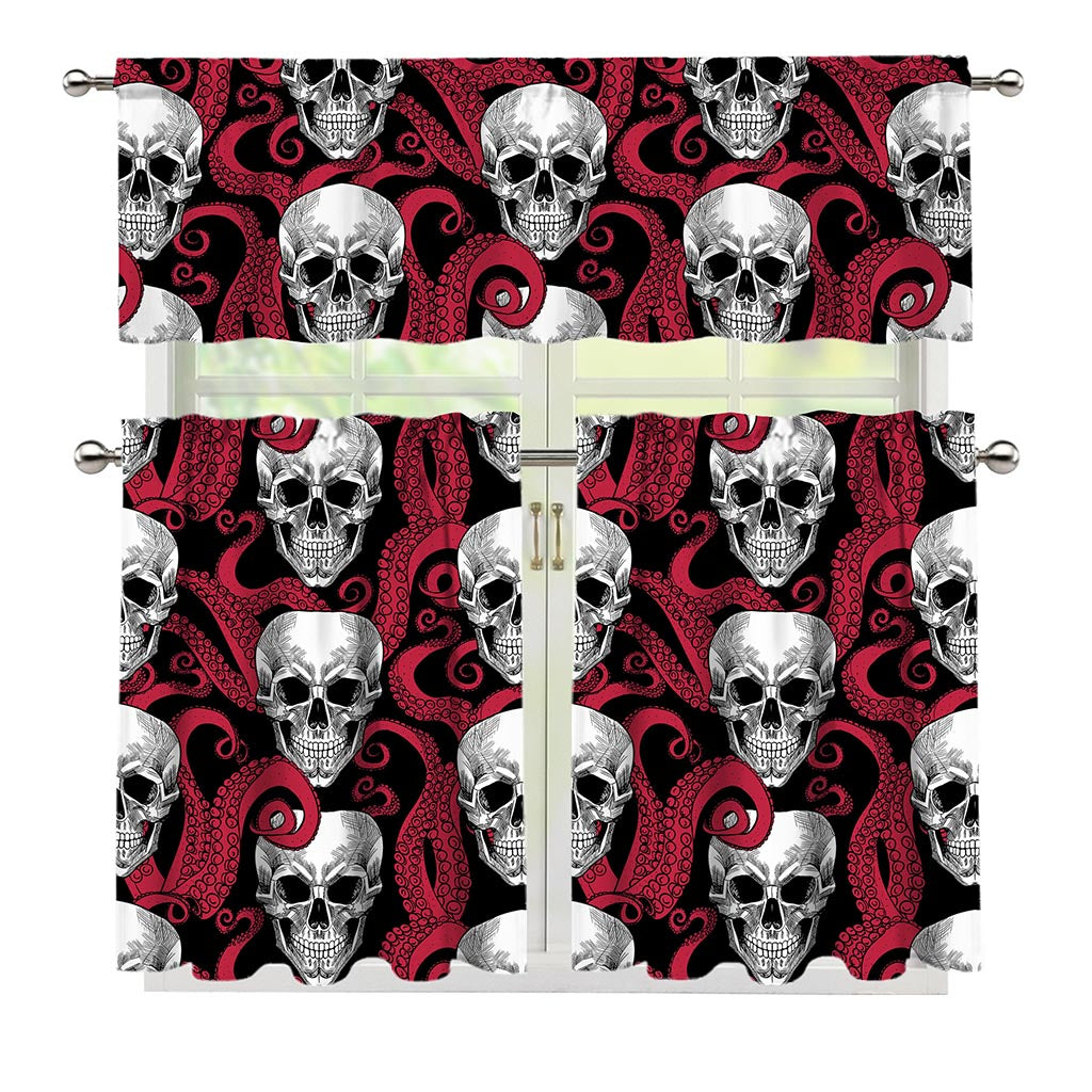 Red Octopus Skull Pattern Print 3 Piece Kitchen Curtains