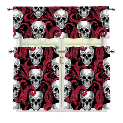 Red Octopus Skull Pattern Print 3 Piece Kitchen Curtains