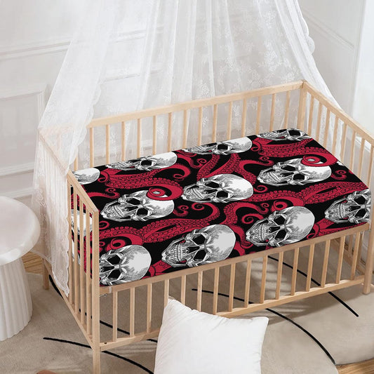 Red Octopus Skull Pattern Print Baby Crib Sheet