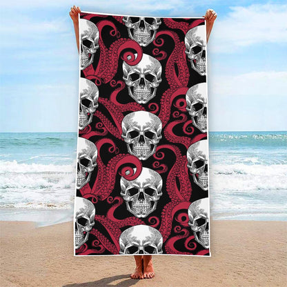Red Octopus Skull Pattern Print Beach Towel