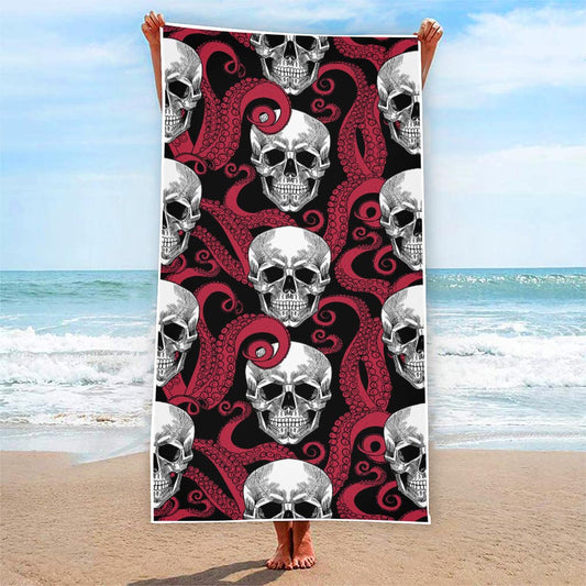 Red Octopus Skull Pattern Print Beach Towel