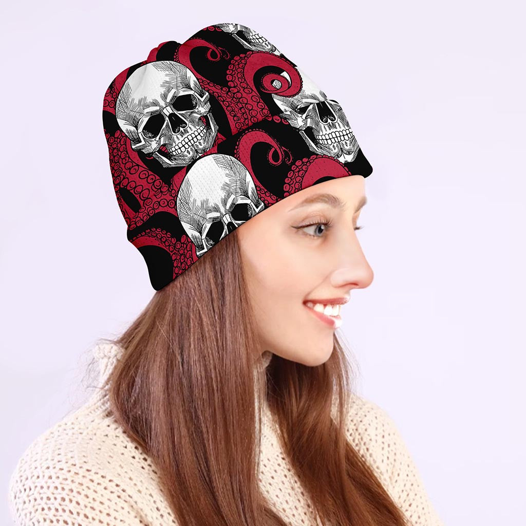Red Octopus Skull Pattern Print Beanie