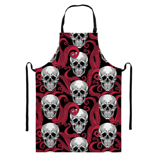 Red Octopus Skull Pattern Print Bib Apron With Pocket