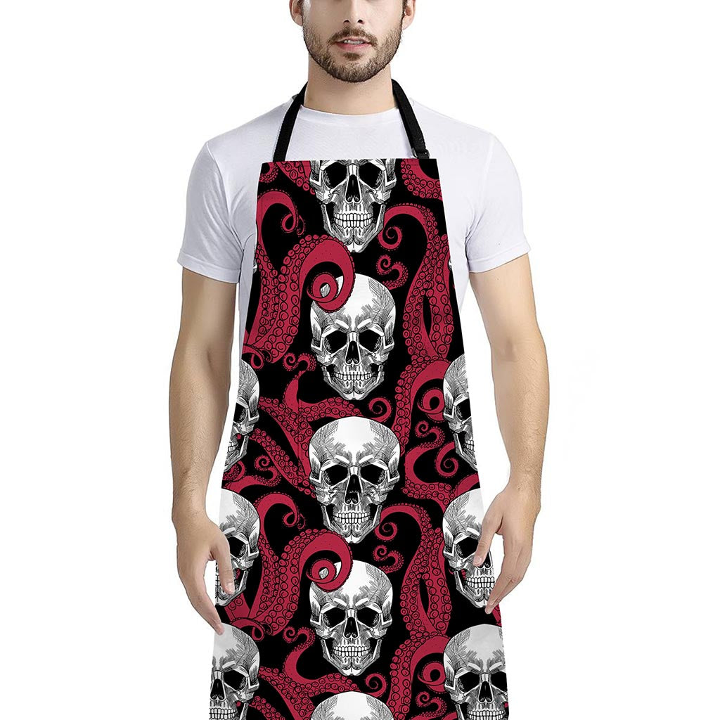 Red Octopus Skull Pattern Print Bib Apron With Pocket
