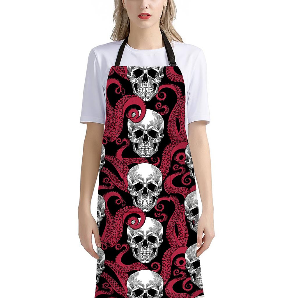Red Octopus Skull Pattern Print Bib Apron With Pocket