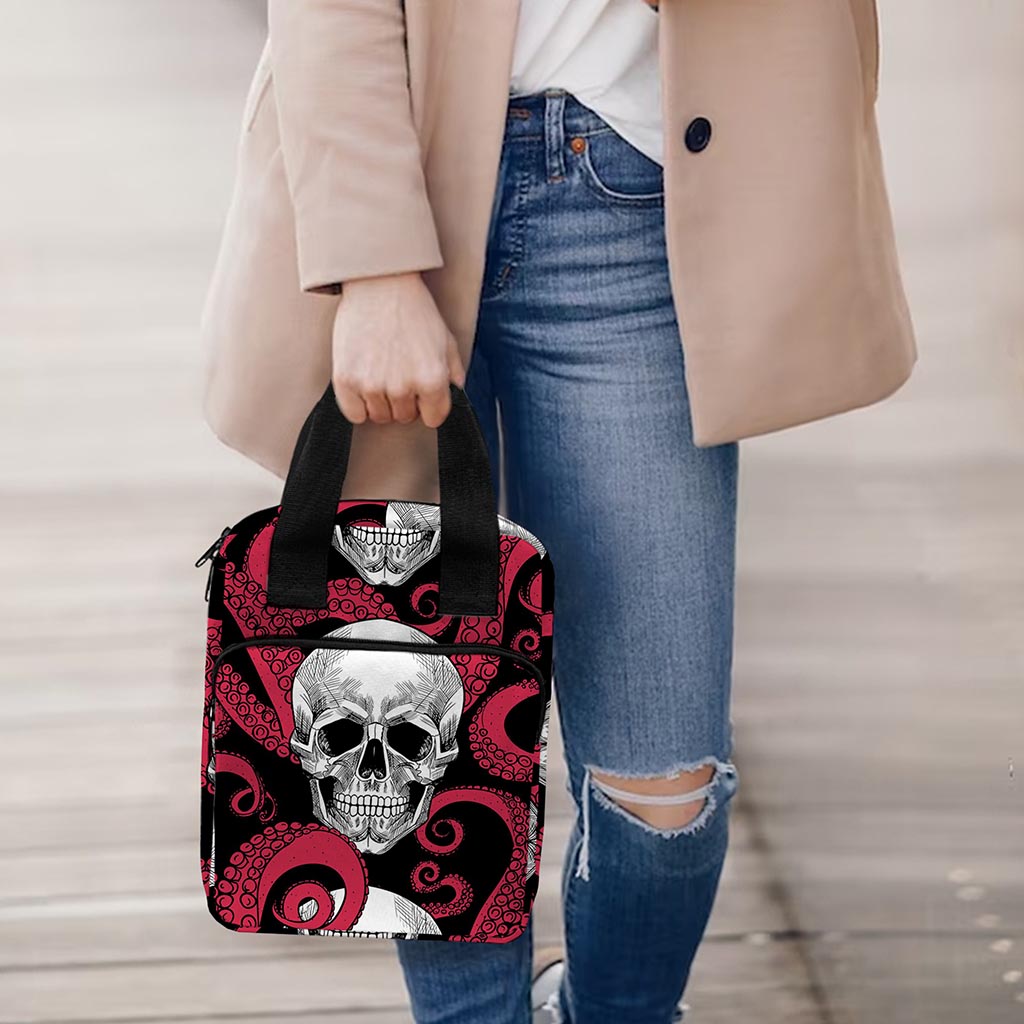 Red Octopus Skull Pattern Print Bible Tote Bag