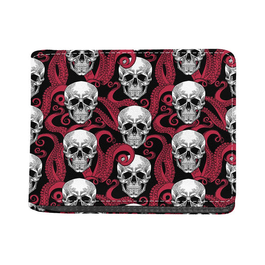 Red Octopus Skull Pattern Print Bifold Wallet