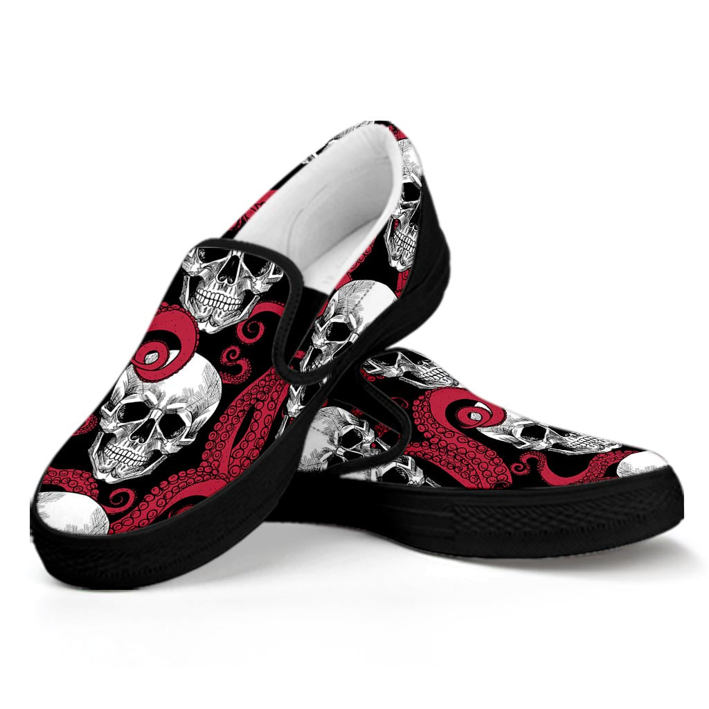 Red Octopus Skull Pattern Print Black Slip On Sneakers