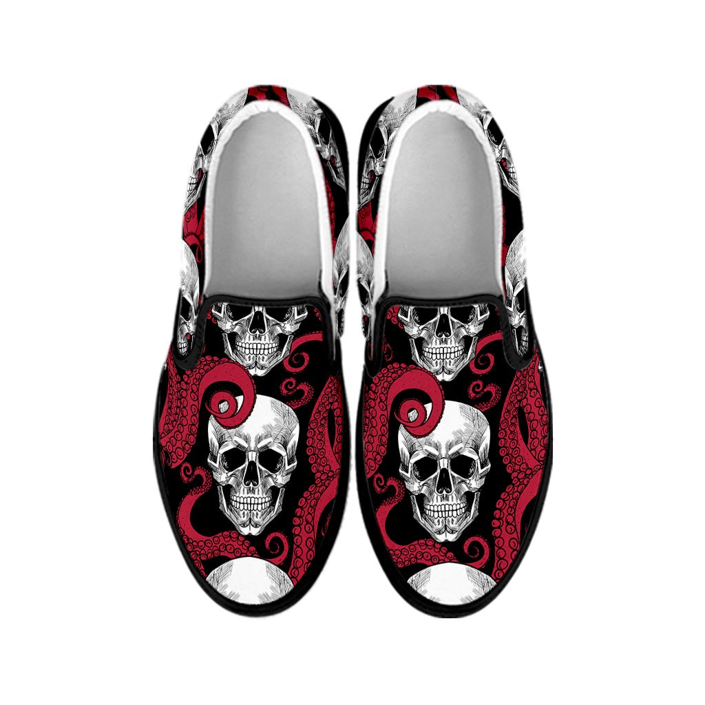 Red Octopus Skull Pattern Print Black Slip On Sneakers