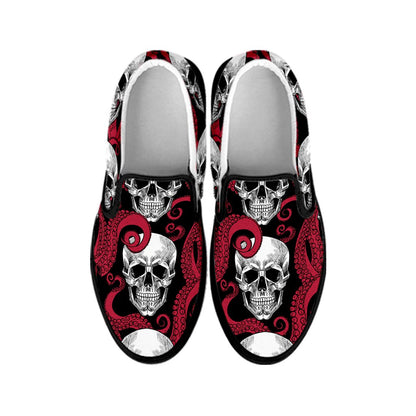 Red Octopus Skull Pattern Print Black Slip On Sneakers