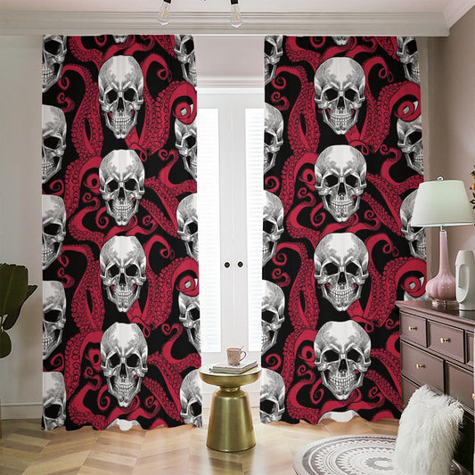 Red Octopus Skull Pattern Print Blackout Pencil Pleat Curtains