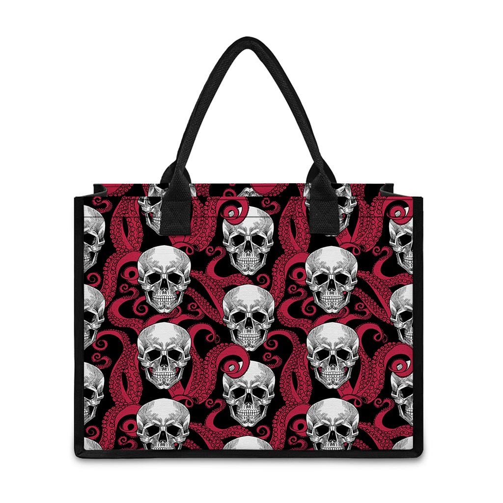 Red Octopus Skull Pattern Print Canvas Tote Bag