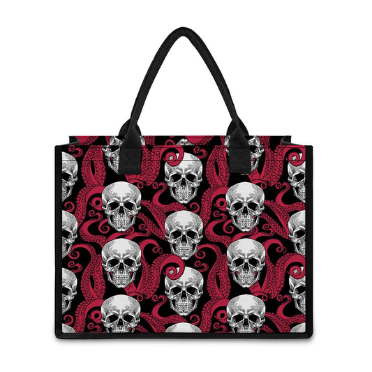 Red Octopus Skull Pattern Print Canvas Tote Bag