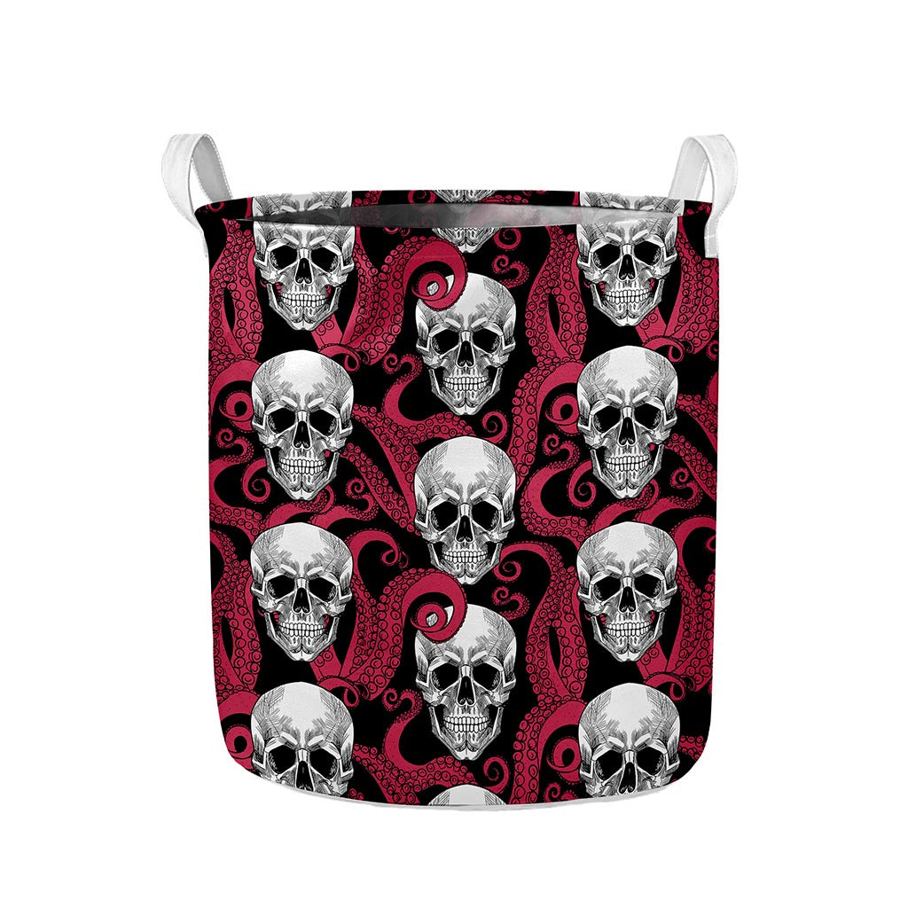 Red Octopus Skull Pattern Print Collapsible Laundry Basket