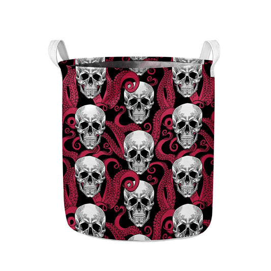 Red Octopus Skull Pattern Print Collapsible Laundry Basket