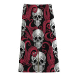 Red Octopus Skull Pattern Print Cotton Front Slit Maxi Skirt