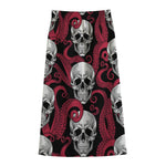 Red Octopus Skull Pattern Print Cotton Front Slit Maxi Skirt