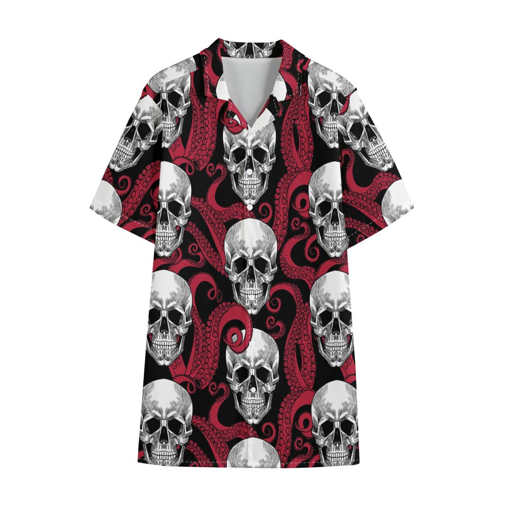 Red Octopus Skull Pattern Print Cotton Hawaiian Shirt