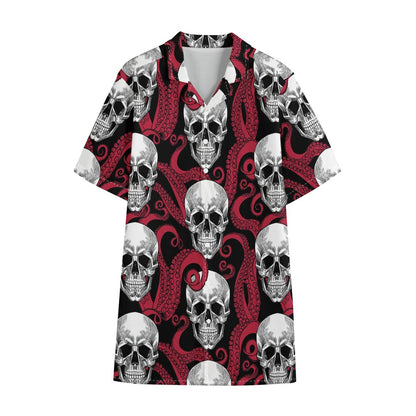 Red Octopus Skull Pattern Print Cotton Hawaiian Shirt