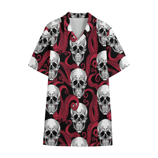Red Octopus Skull Pattern Print Cotton Hawaiian Shirt