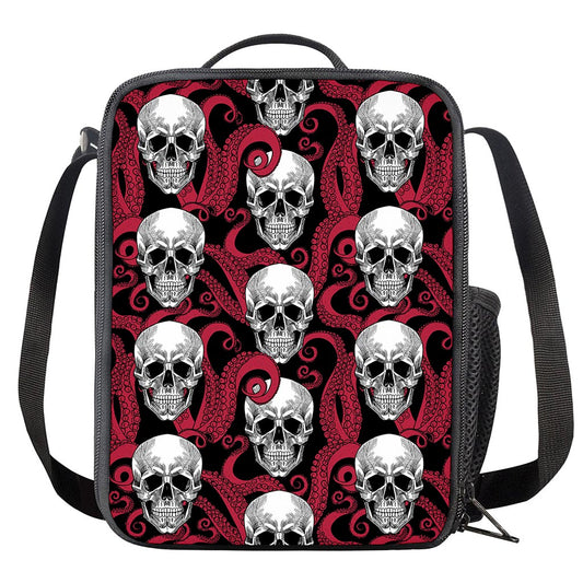 Red Octopus Skull Pattern Print Crossbody Lunch Bag