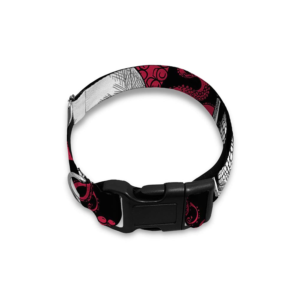 Red Octopus Skull Pattern Print Dog Collar