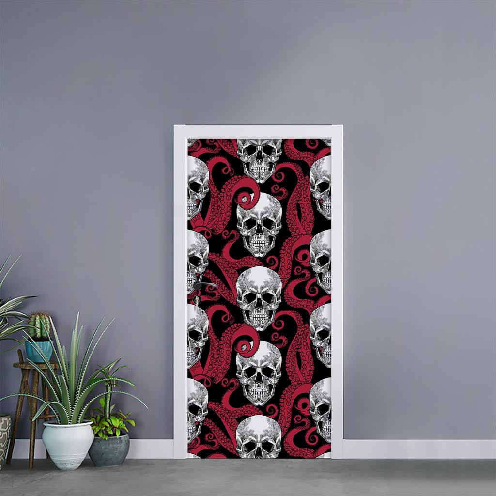 Red Octopus Skull Pattern Print Door Sticker