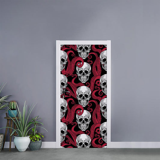 Red Octopus Skull Pattern Print Door Sticker