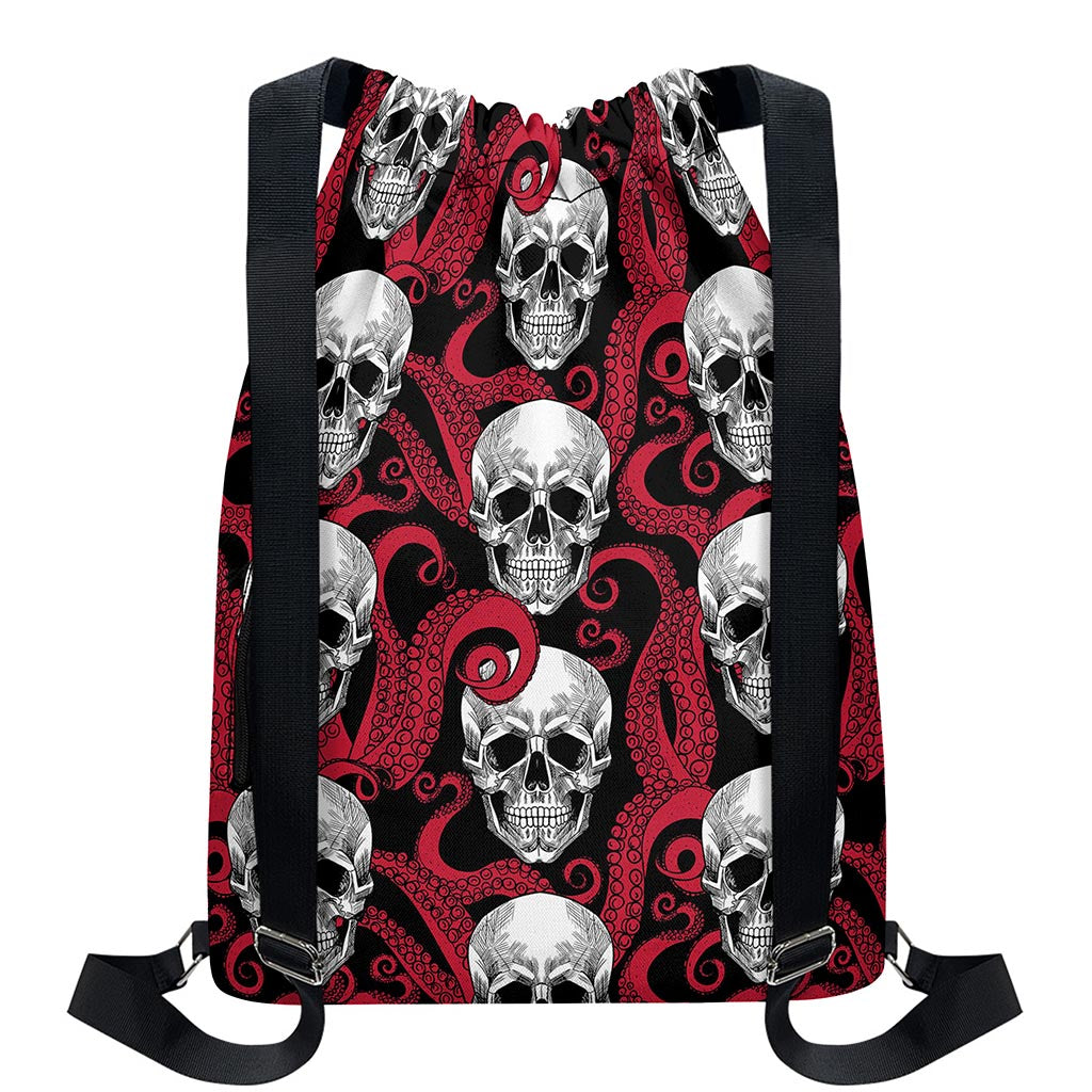 Red Octopus Skull Pattern Print Drawstring Backpack