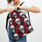 Red Octopus Skull Pattern Print Drawstring Backpack