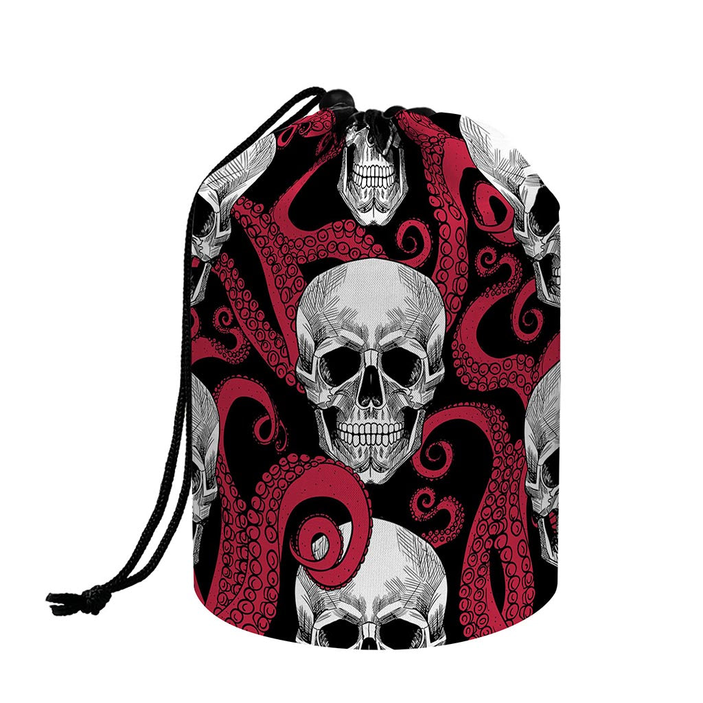 Red Octopus Skull Pattern Print Drawstring Makeup Bag