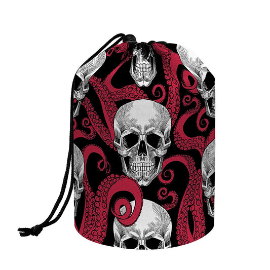 Red Octopus Skull Pattern Print Drawstring Makeup Bag